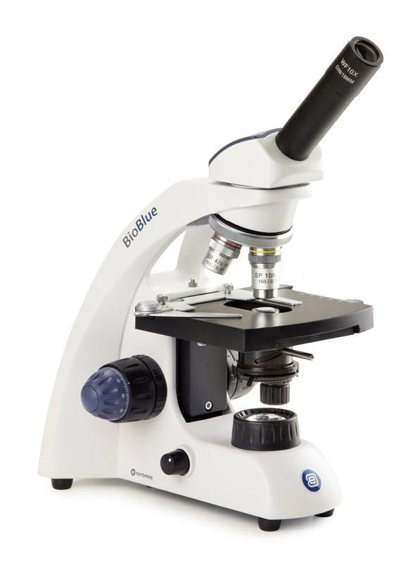 BioBlue monoculaire microscoop met 4X/10X/40X objectieven en geïntegreerde kruistafel