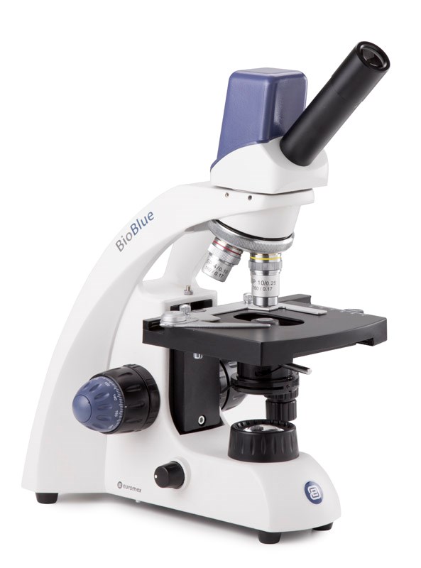 Bioblue monoculaire microscoop 4X/10X/40X/100X obj. met geïntegreerde 5 MP CMOS USB-2.0-camera en kruistafel